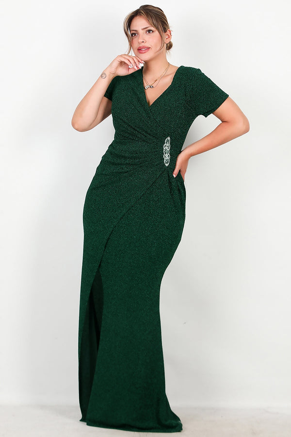 Avondjurk In Grote Maten Met Versierde Taille En Glitter — Smaragd