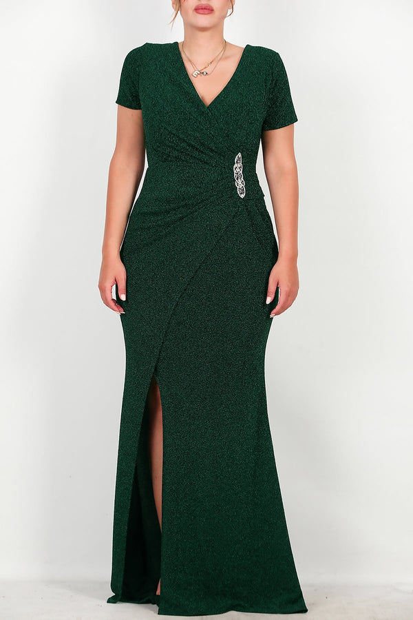 Avondjurk In Grote Maten Met Versierde Taille En Glitter — Smaragd