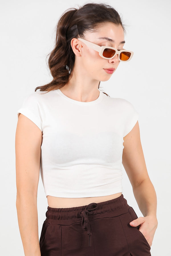 Kort T - Shirt Met Oversneden Schouder — Ecru