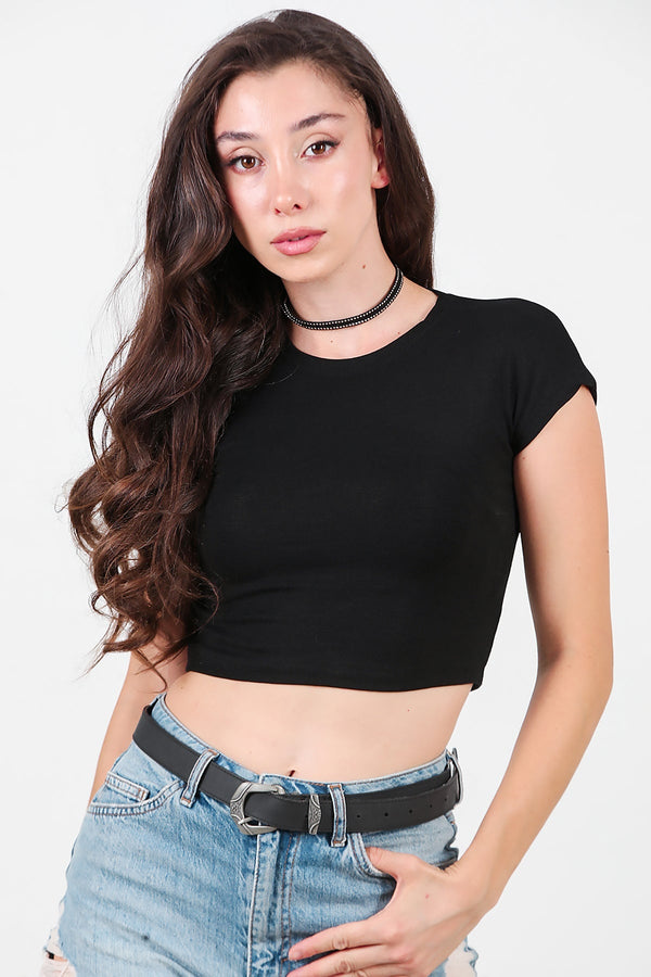 Kort T - Shirt Met Oversneden Schouder — Zwart