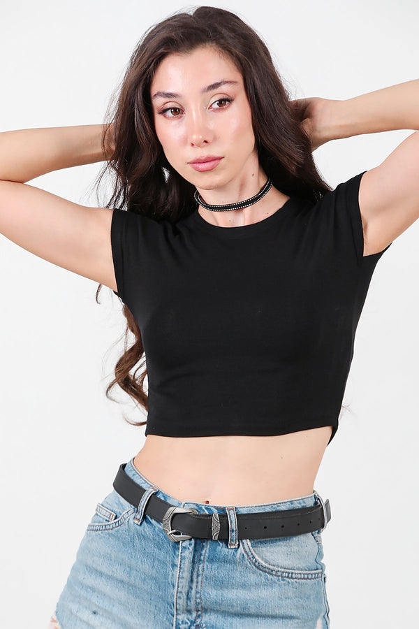 Kort T - Shirt Met Oversneden Schouder — Zwart