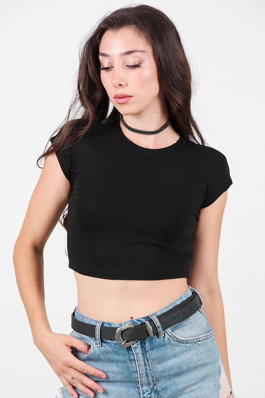 Kort T - Shirt Met Oversneden Schouder — Zwart