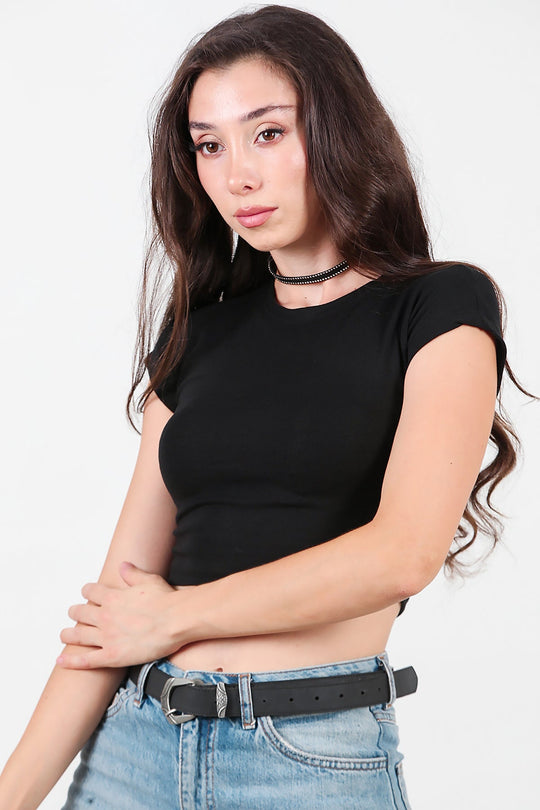 Kort T - Shirt Met Oversneden Schouder — Zwart