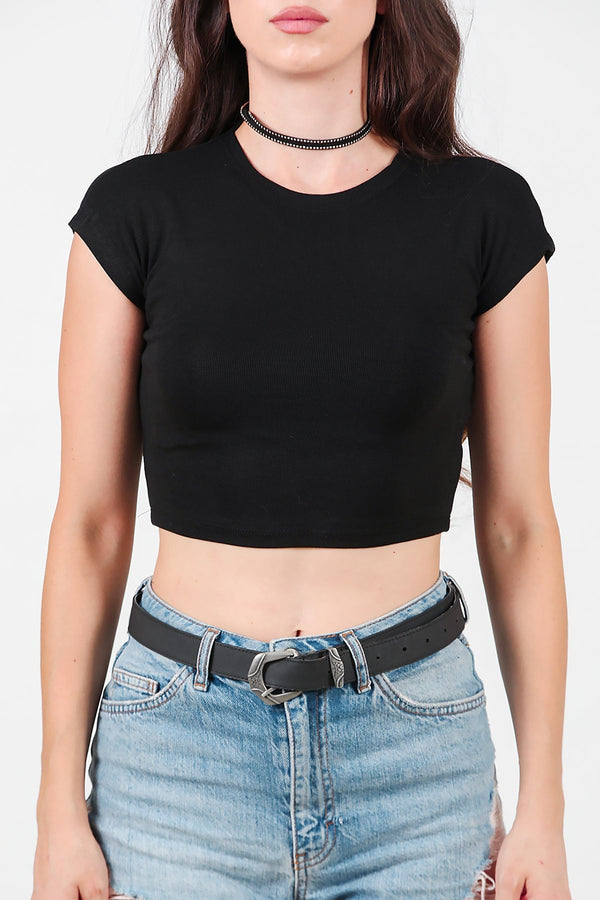 Kort T - Shirt Met Oversneden Schouder — Zwart