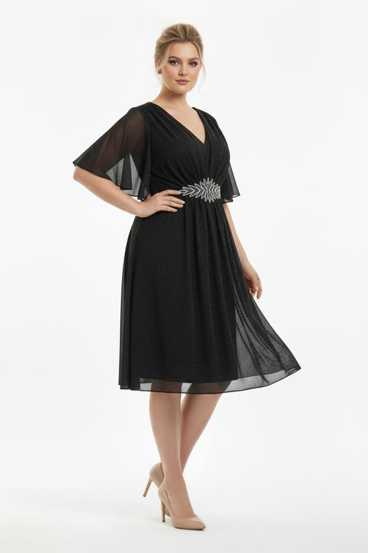 Große Größen: Midikleid Aus Glitzerndem Tüll Mit Steinbesetzter Taille – Schwarz