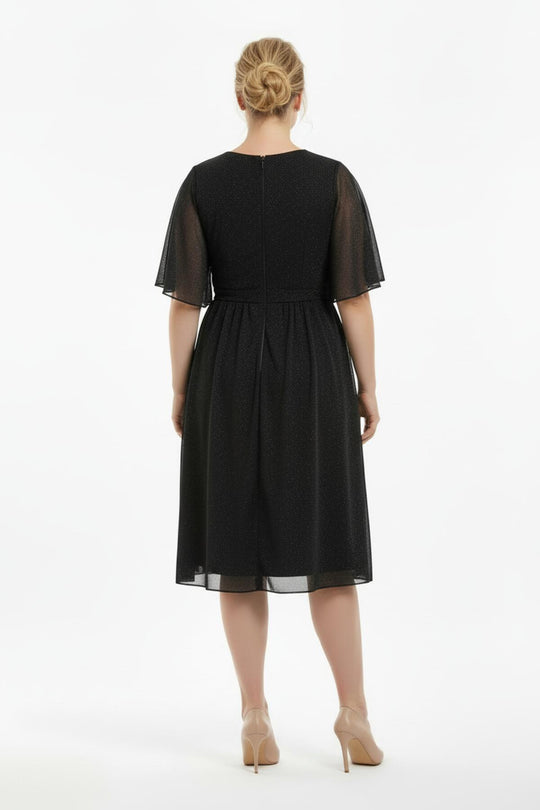 Plus - Size Glittertule Midi - Jurk Met Steenversierde Taille – Zwart