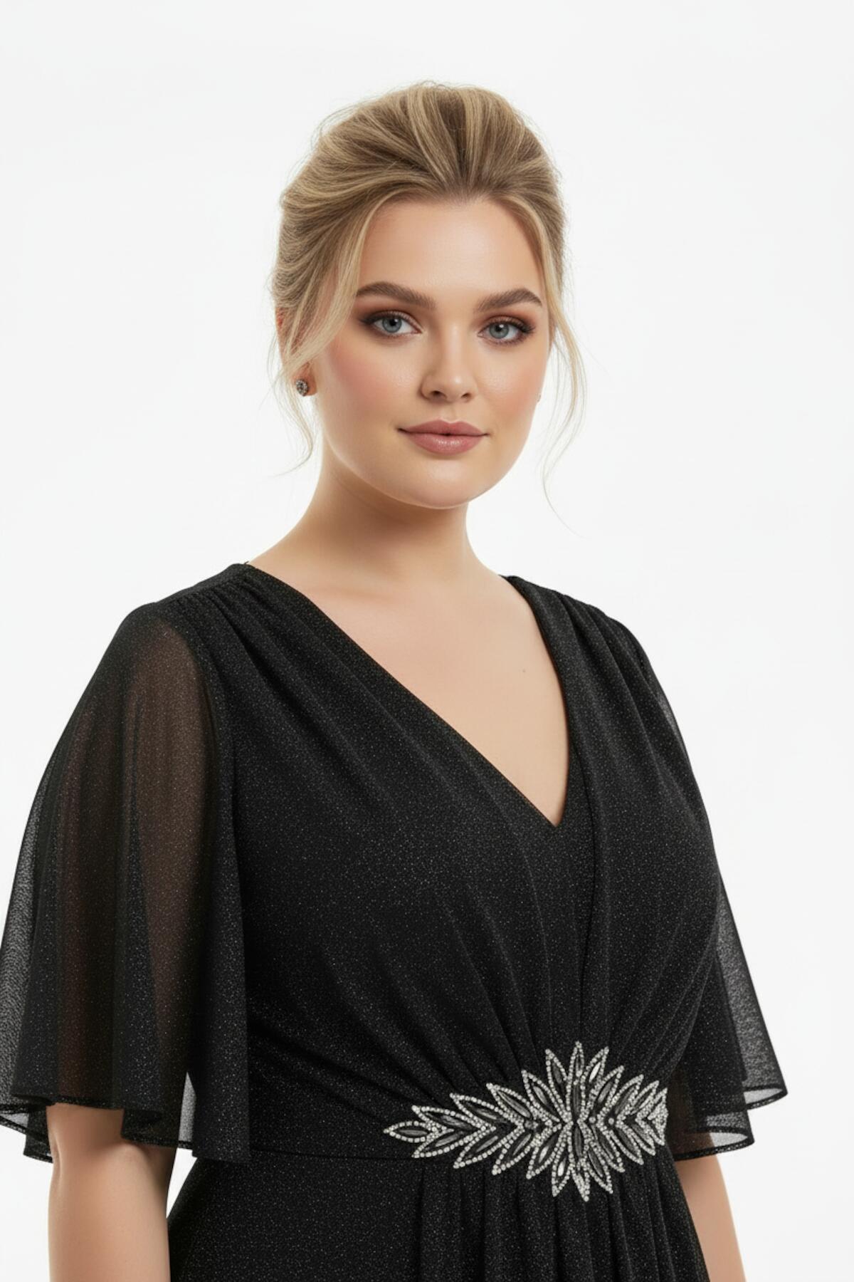 Büyük Beden Beli Taşlı Midi Boy Simli Tül Elbise 