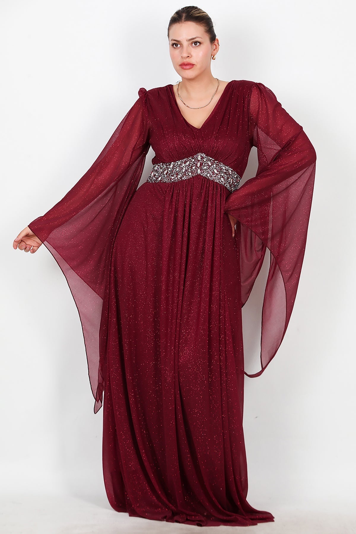 Plus - Size Lange Glitter - Avondjurk Met Tailleversiering — Bordeaux