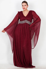 Robe De Soirée Longue À Paillettes Avec Taille Ornée — Bordeaux (Grande Taille)