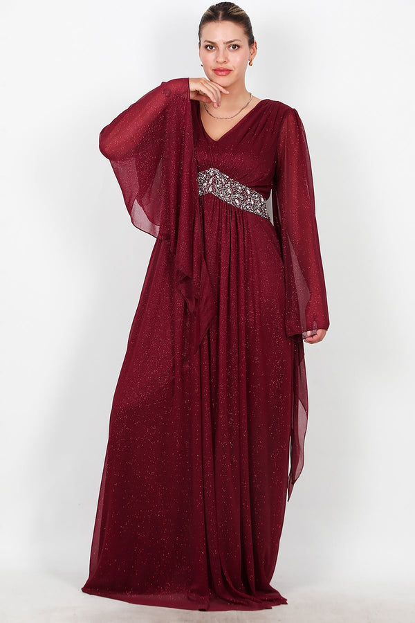 Plus - Size Lange Glitter - Avondjurk Met Tailleversiering — Bordeaux