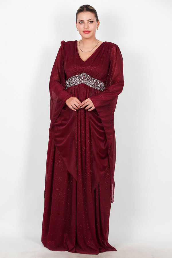 Plus - Size Lange Glitter - Avondjurk Met Tailleversiering — Bordeaux