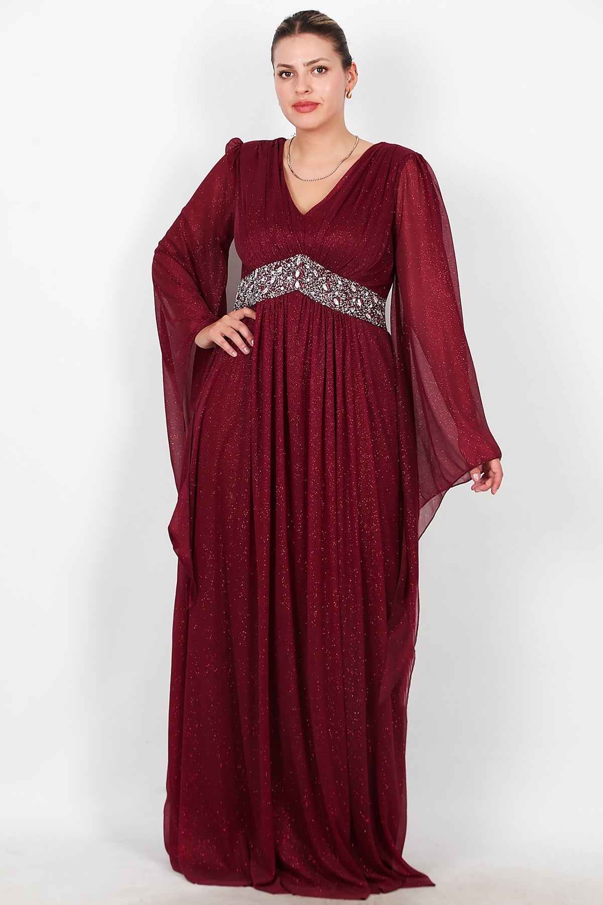 Plus - Size Lange Glitter - Avondjurk Met Tailleversiering — Bordeaux