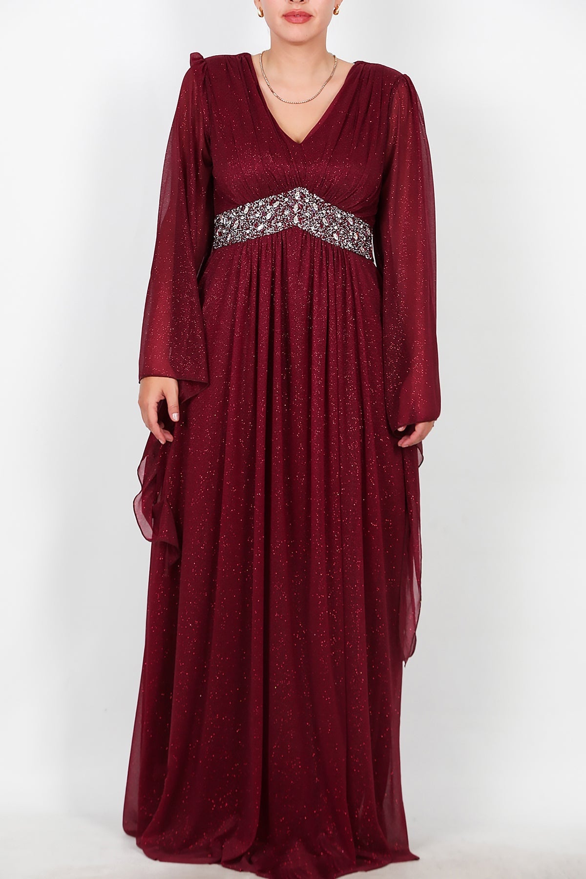 Plus - Size Lange Glitter - Avondjurk Met Tailleversiering — Bordeaux
