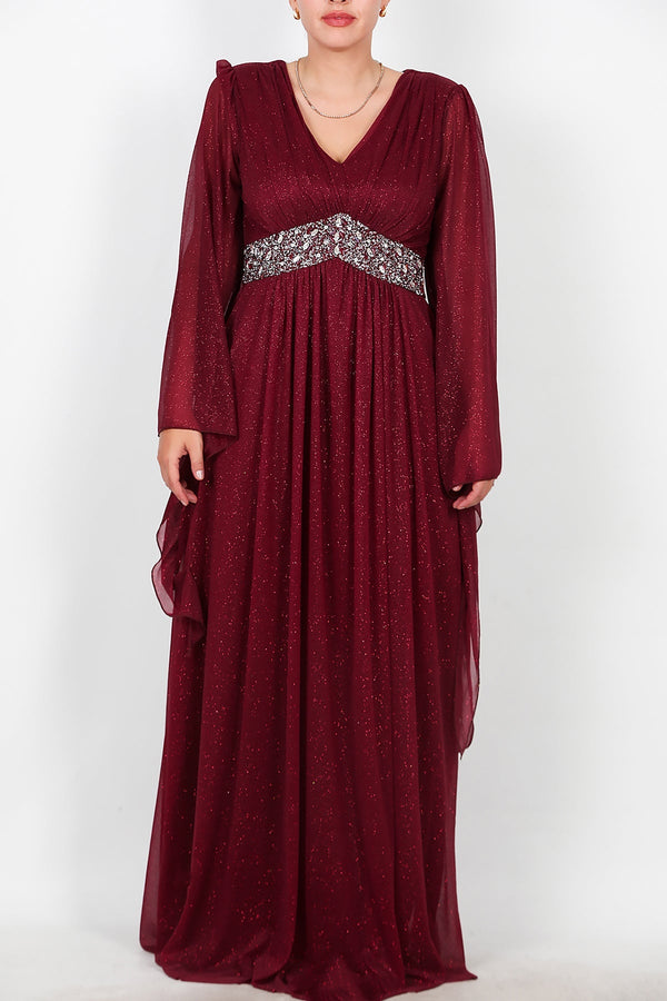 Plus - Size Lange Glitter - Avondjurk Met Tailleversiering — Bordeaux