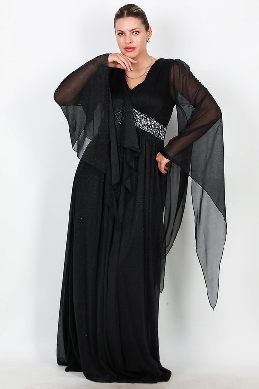 Büyük Beden Bel Taşlı Uzun Simli Abiye  Siyah