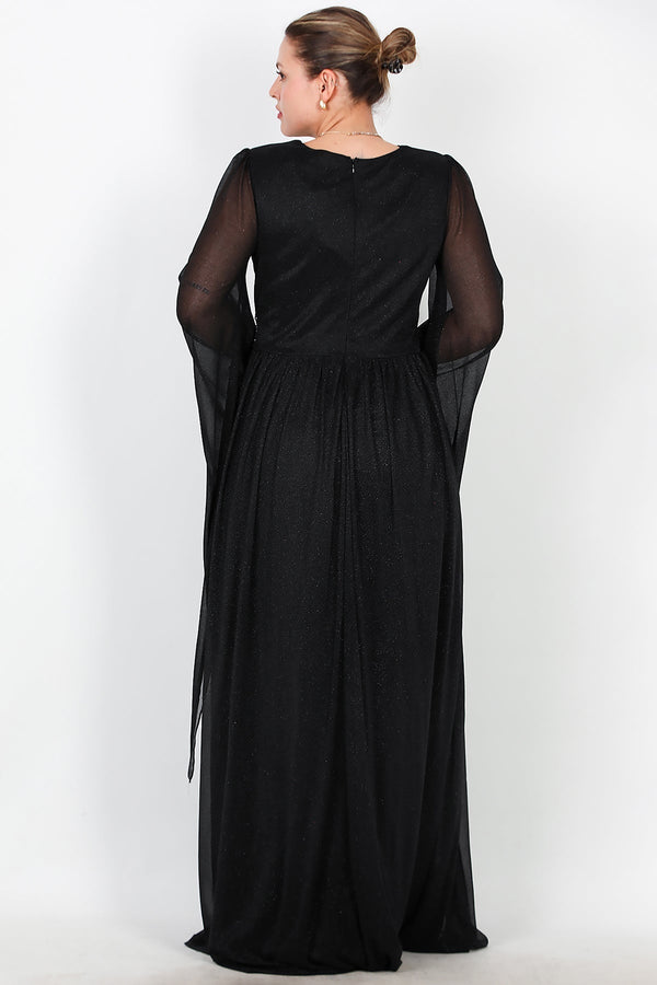 Plus - Size Lange Glitter - Avondjurk Met Tailleversiering — Zwart