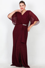 Plus - Size Lange Avondjurk Met Chiffon Bovenstuk En Taille Met Steenbesatz – Bordeaux