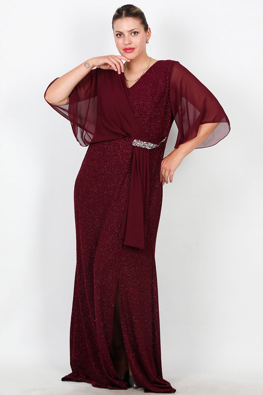 Büyük Beden Üstü Şifon Bel Taş Detay Uzun Abiye  Bordo