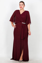 Plus - Size Lange Avondjurk Met Chiffon Bovenstuk En Taille Met Steenbesatz – Bordeaux