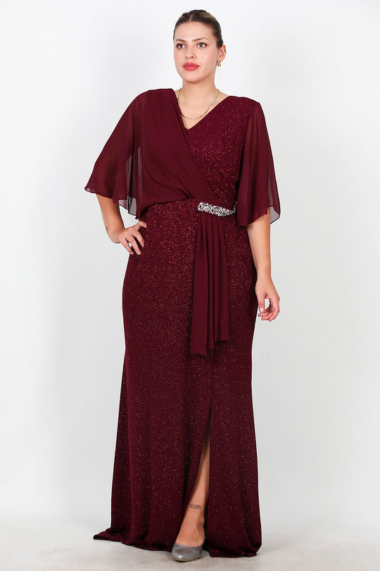 Plus - Size Lange Avondjurk Met Chiffon Bovenstuk En Taille Met Steenbesatz – Bordeaux