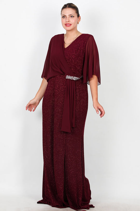 Plus - Size Lange Avondjurk Met Chiffon Bovenstuk En Taille Met Steenbesatz – Bordeaux