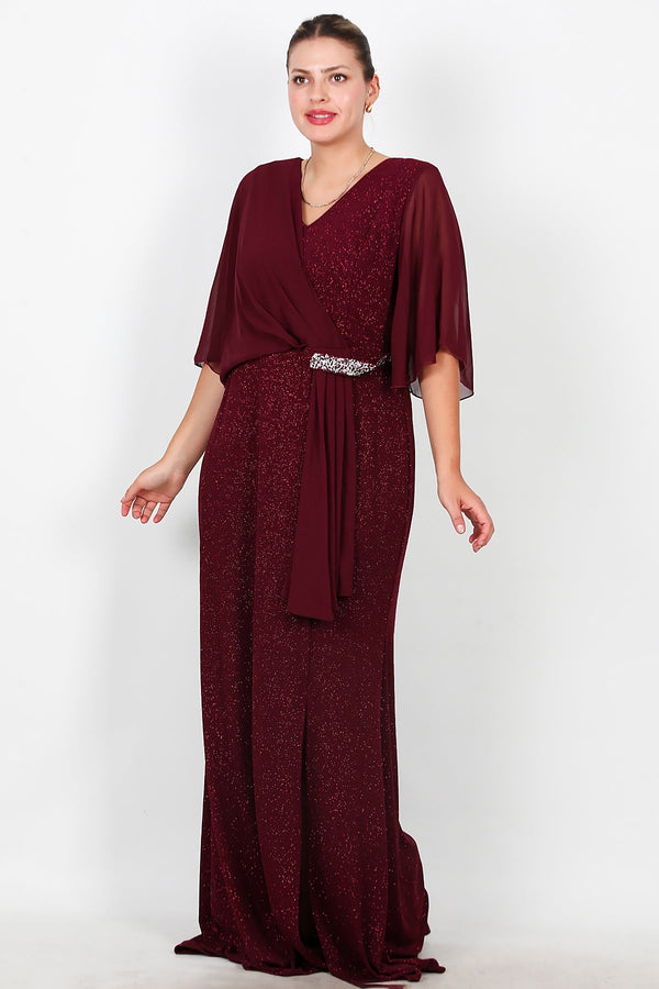 Plus - Size Lange Avondjurk Met Chiffon Bovenstuk En Taille Met Steenbesatz – Bordeaux