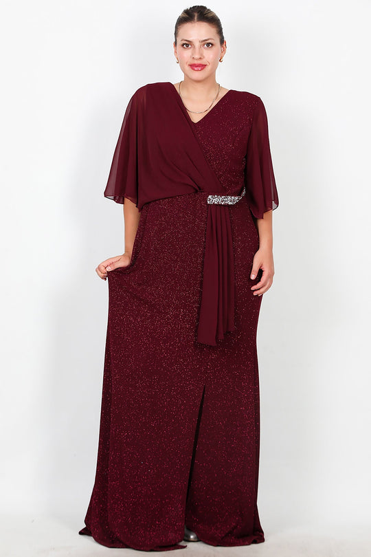 Plus - Size Lange Avondjurk Met Chiffon Bovenstuk En Taille Met Steenbesatz – Bordeaux