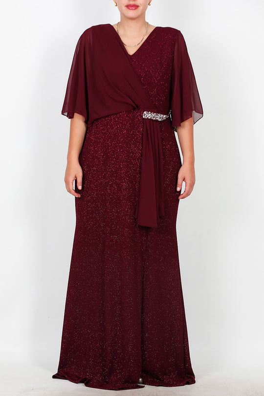 Plus - Size Lange Avondjurk Met Chiffon Bovenstuk En Taille Met Steenbesatz – Bordeaux