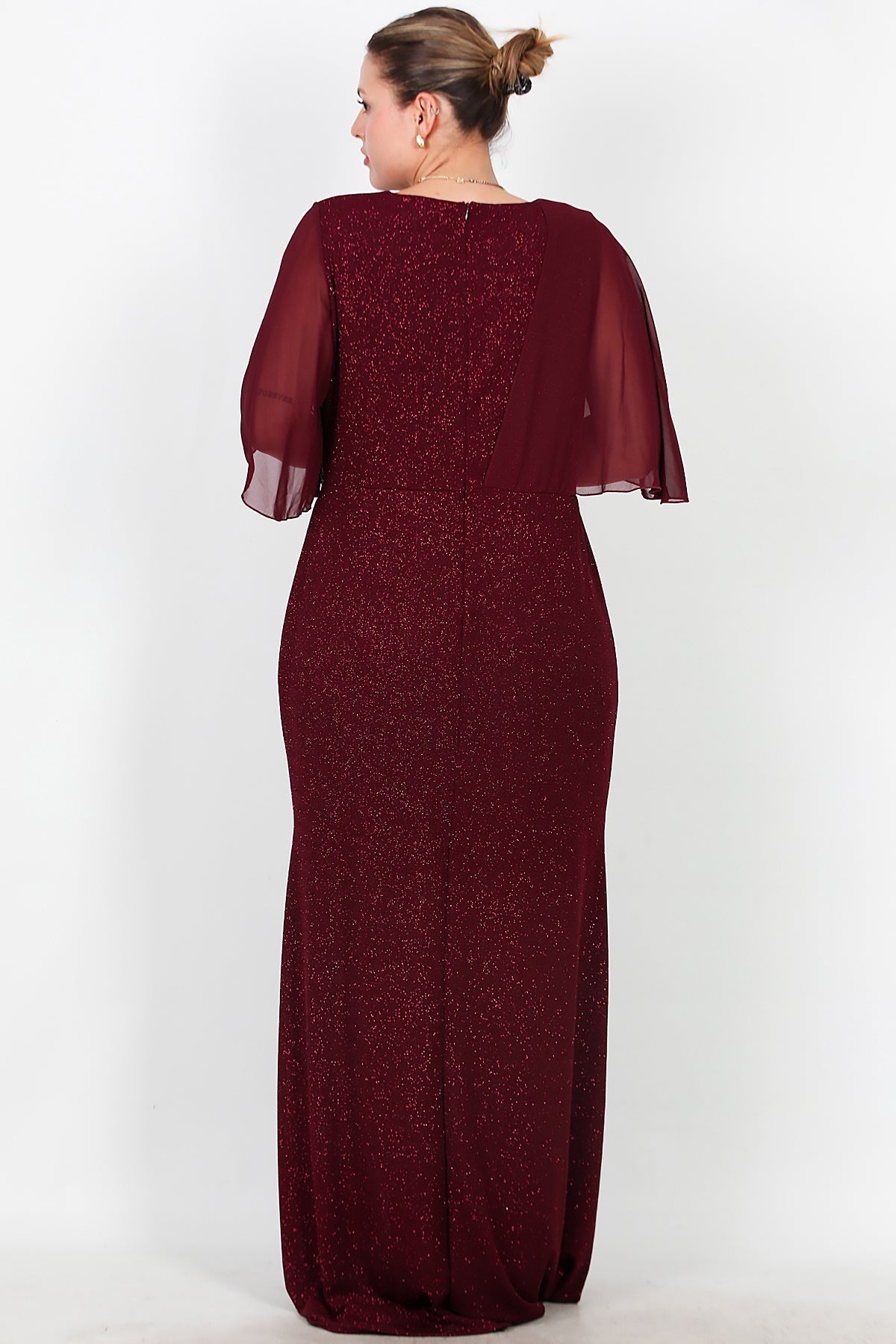 Plus - Size Lange Avondjurk Met Chiffon Bovenstuk En Taille Met Steenbesatz – Bordeaux