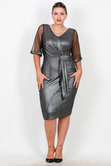 Robe De Soirée Midi Grande Taille À Manches En Tulle Et Accessoire À La Taille — Argent