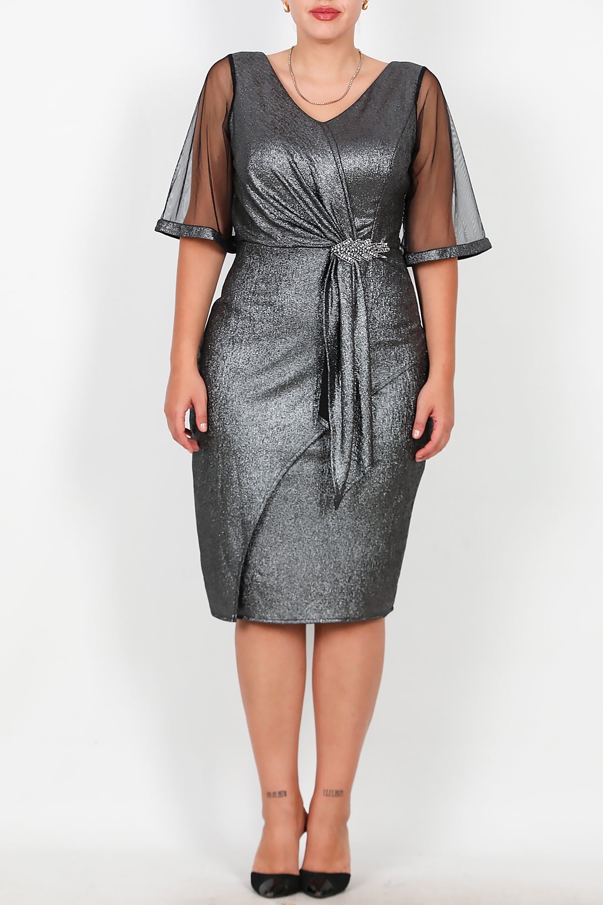 Plus - Size Midi - Avondjurk Met Tulemouwen En Taille - Accessoire – Zilver