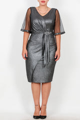 Robe De Soirée Midi Grande Taille À Manches En Tulle Et Accessoire À La Taille — Argent