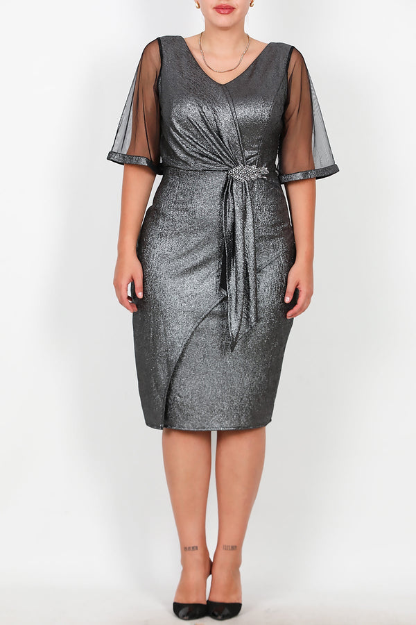 Plus - Size Midi - Avondjurk Met Tulemouwen En Taille - Accessoire – Zilver