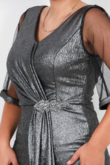 Robe De Soirée Midi Grande Taille À Manches En Tulle Et Accessoire À La Taille — Argent