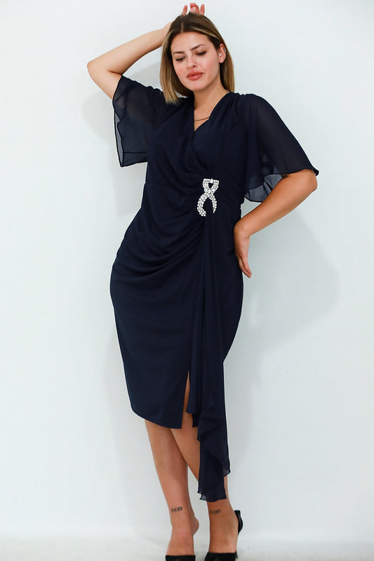 Büyük Beden Bel Aksesuar Şifon Kısa Abiye  Lacivert