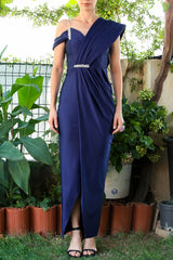 Avondjurk Met Steendetail Bij Taille En Borst — Marineblauw