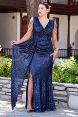 Robe De Soirée Longue Grande Taille À Sequins Et Chaîne À L'épaule — Bleu Marine