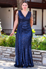 Robe De Soirée Longue Grande Taille À Sequins Et Chaîne À L'épaule — Bleu Marine