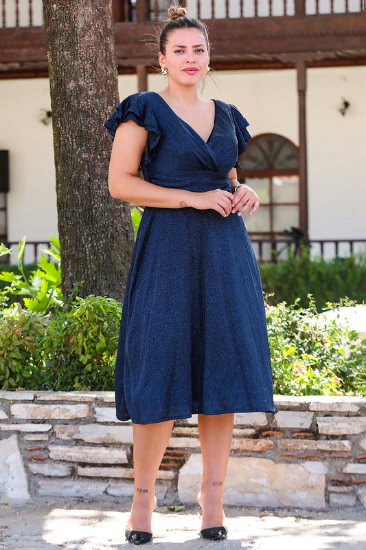 Büyük Beden Kol Katlı Simli Kısa Abiye  Lacivert