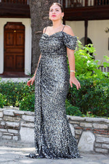 Robe De Soirée Longue Grande Taille, Épaules Dénudées, Paillettes Et Fente — Gris