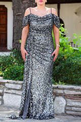 Robe De Soirée Longue Grande Taille, Épaules Dénudées, Paillettes Et Fente — Gris