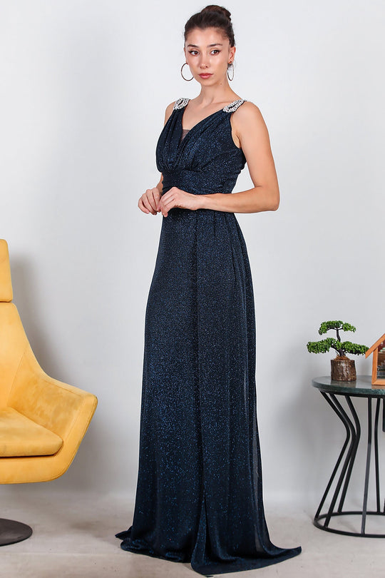 Glinsterende Maxi - Avondjurk Met Schouderdetail — Marineblauw