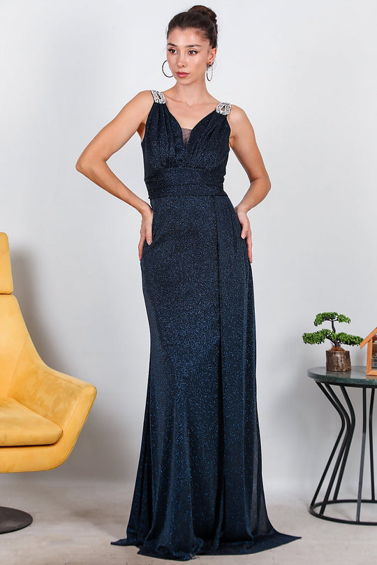 Glinsterende Maxi - Avondjurk Met Schouderdetail — Marineblauw
