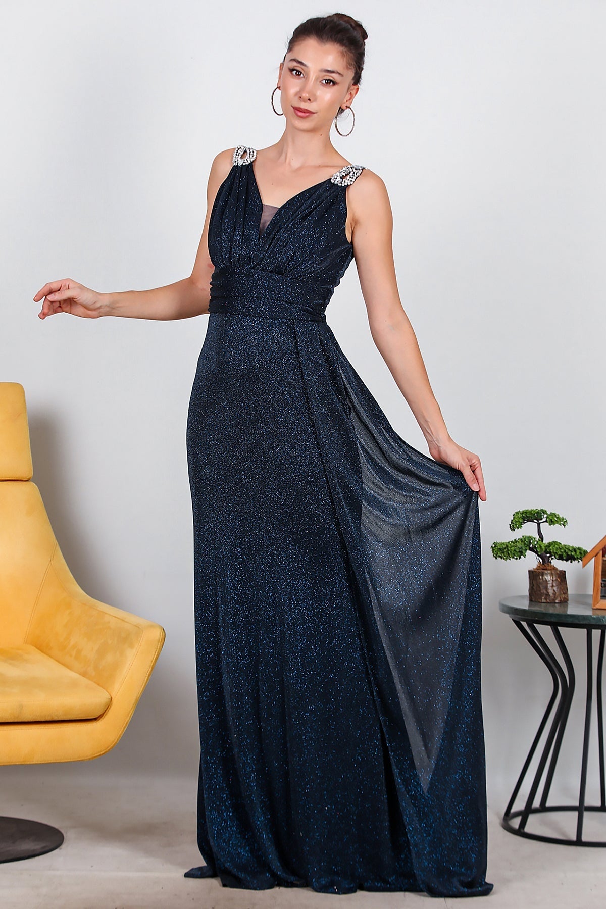 Glinsterende Maxi - Avondjurk Met Schouderdetail — Marineblauw