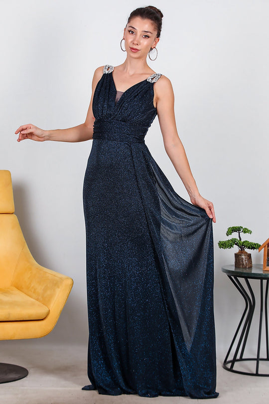 Glinsterende Maxi - Avondjurk Met Schouderdetail — Marineblauw