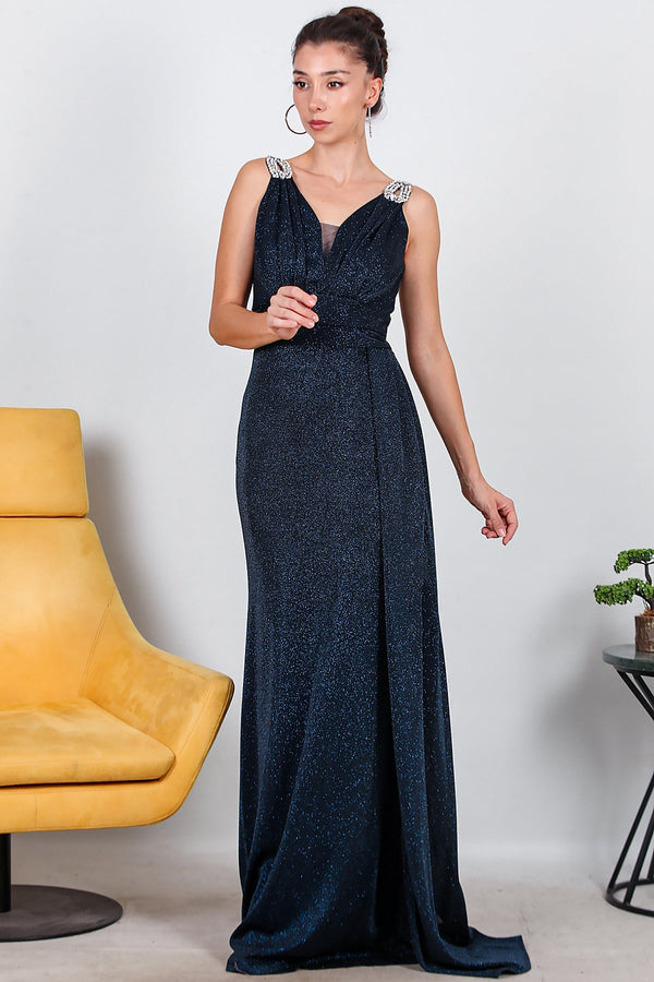 Glinsterende Maxi - Avondjurk Met Schouderdetail — Marineblauw