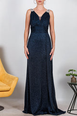 Robe De Soirée Longue Pailletée, Détail Épaule — Bleu Marine
