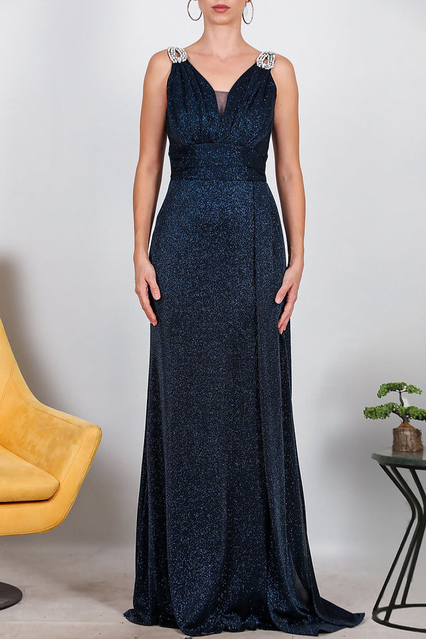 Glinsterende Maxi - Avondjurk Met Schouderdetail — Marineblauw