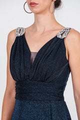 Robe De Soirée Longue Pailletée, Détail Épaule — Bleu Marine