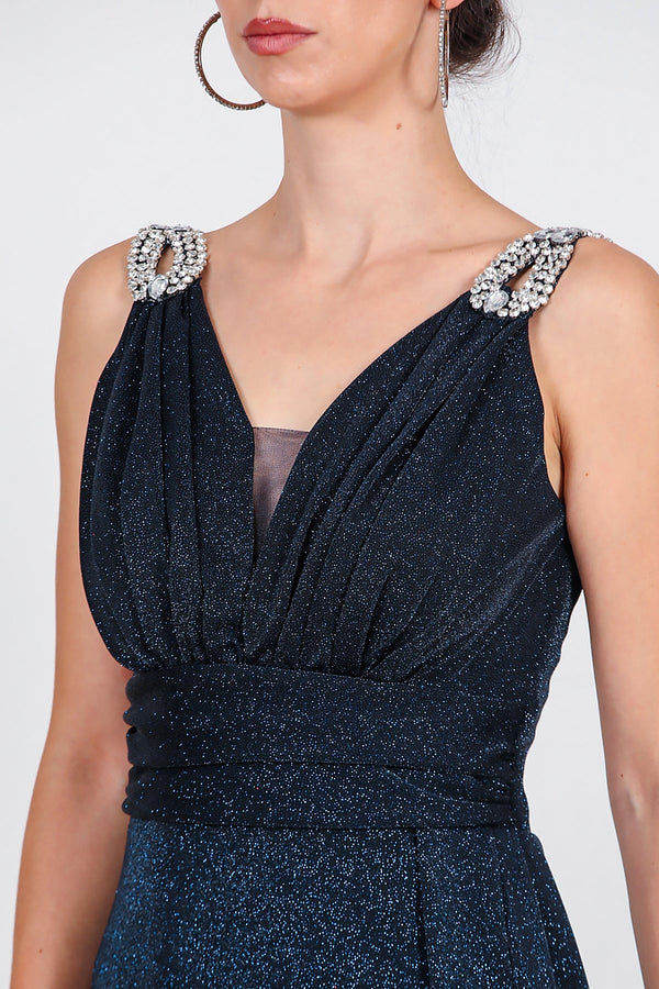 Glinsterende Maxi - Avondjurk Met Schouderdetail — Marineblauw